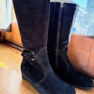 La Canadienne Black Suede Tall Boots With Buckle Wedge Heel US Women's Size 6